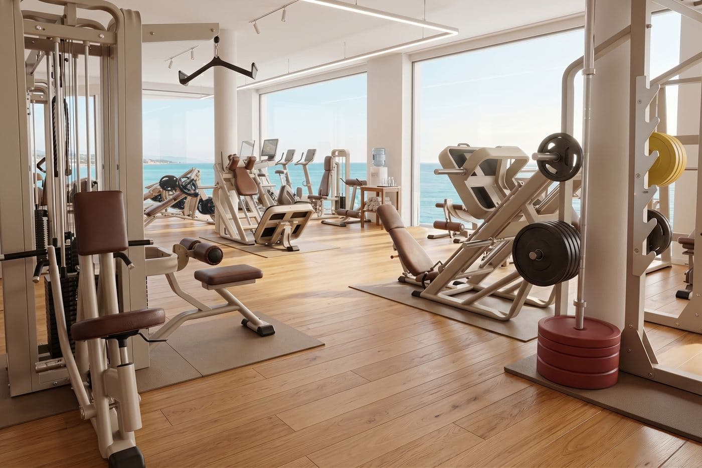 Rendu d'une salle de sport d'hôtel avec des machines Telju aux couleurs de l'établissement